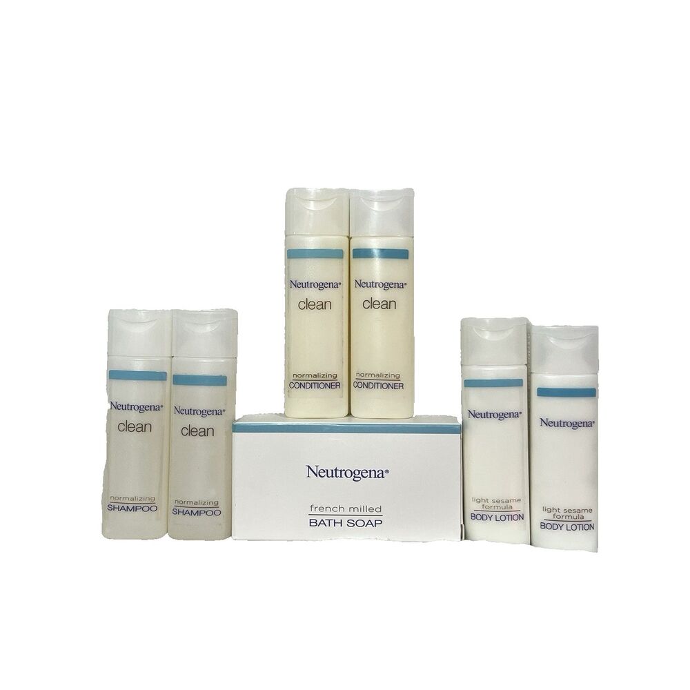 New Neutrogena 7 Piece Travel Kit w/Bath Soap, Shampoo, Conditioner, Body Lotion